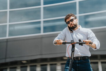 Businessman in a casual outfit riding an electric scooter while engaged in a phone call. Captured amid a modern urban setting, reflecting multitasking and efficient transportation.