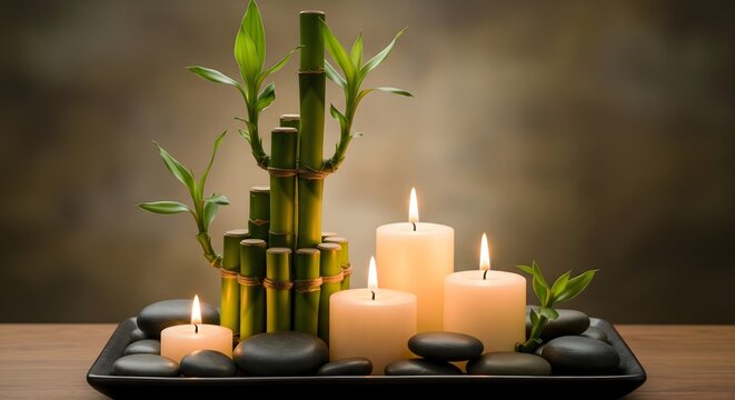 Still life of bamboo stalks, candles, and stones arranged for spa zen concept. - Powered by Adobe