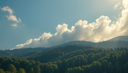 Serene Landscape with Floating Cloud Lush Green Mountains Sunlit Valleys