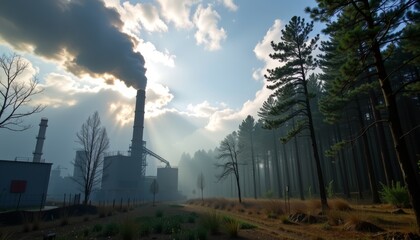 Industrial Landscape with Forest and Clear Sky