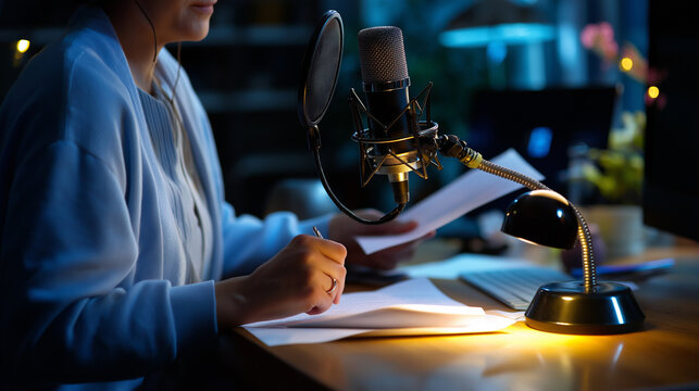 Side faceless silhouette of a woman recording narration, microphone and script softly illuminated on the desk, with copy space - Powered by Adobe