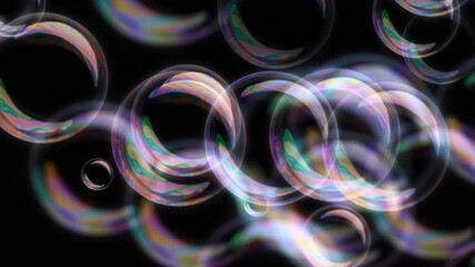 Colorful bubbles drift gracefully across a dark background. The vibrant reflections create beautiful patterns, providing a calming and mesmerizing visual experience