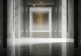 Luxury Marble Hallway with Golden Particles and Soft Lighting