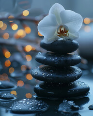 spa still life with black flat stones and orchid