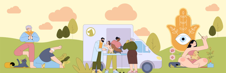 Fototapeta premium Mobile Veterinary Clinic and Community Relaxation Scene
