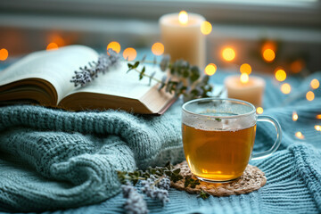 glass of tea with book on the side
