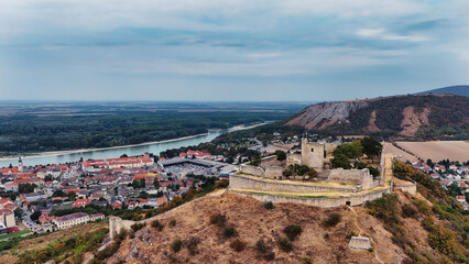 Drone View of Devín Castle Ruins and Danube River Confluence, Slovakia