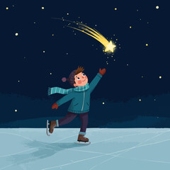 Naklejka premium Boy on ice skating while reaching for a shooting star in a winter night sky 