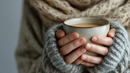 Hands Holding Warm Mug in Soft Knit Sweater &mdash; Cozy Winter Wellness, Hygge Lifestyle Close-Up