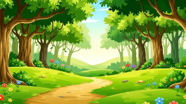 A picturesque forest scene with a winding path amidst vibrant green grass. Towering trees frame the landscape, offering shade and beauty. Wildflowers bloom, a serene view