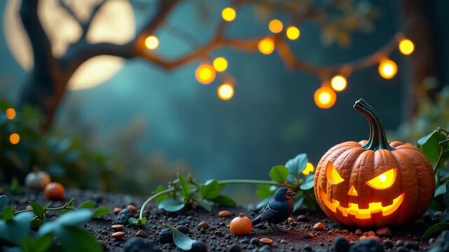A large Halloween pumpkin sits atop a green field with a sunny sky in the background