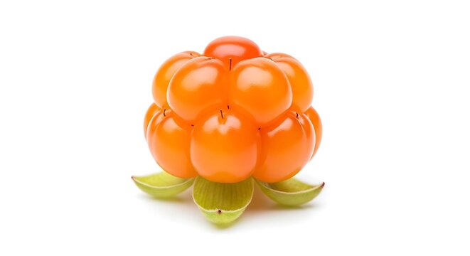 Close-up of a single ripe cloudberry on a white background