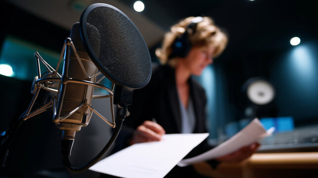 Faceless shot highlighting the microphone and script while the woman sits slightly out of frame, audio studio mood, with copy space