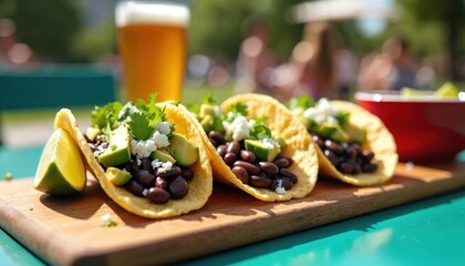 Black bean tacos with fresh avocado, cilantro, cheese on wooden board. Vegetarian mexican food served outdoors with cold beer for lunch on sunny day. Dish perfect for picnic party in summer.