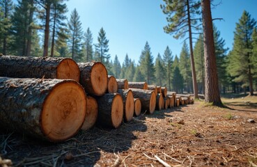 Stacks of cut tree logs lie on forest floor under clear blue sky. Tall pine trees form background in sunny day. Wood harvest is ready for transport.