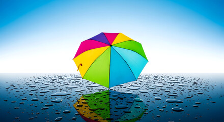 Multi-colored bright umbrella raindrop reflection in water mirror effect, weather protection