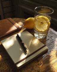 still life with notebook and pen and lemon water