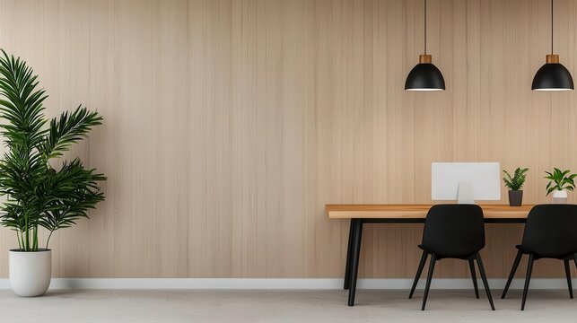 Minimalist office interior with shared workspaces and warm wood finishes