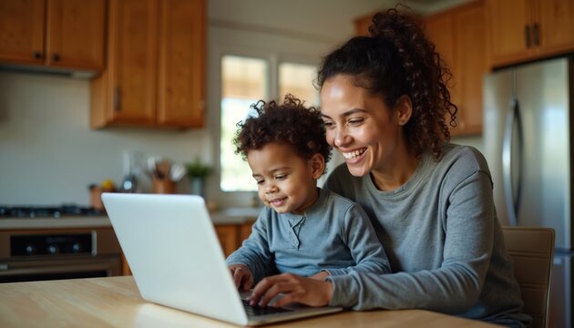 Young mother and son smile while looking at laptop. Woman types on keyboard, kid sits on her lap in kitchen. Happy family enjoys time together using computer at home. - Powered by Adobe