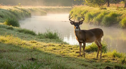 Majestic male cervid stands beside a misty, sunlit stream in a verdant landscape