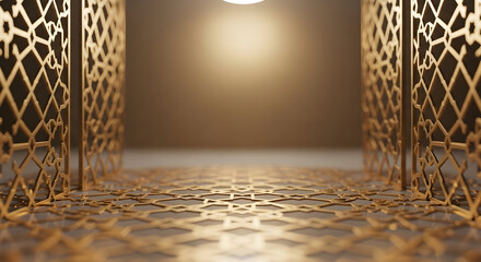 An ornate golden elevator interior with intricate geometric patterns on the walls and floor, illuminated by a soft overhead light.
