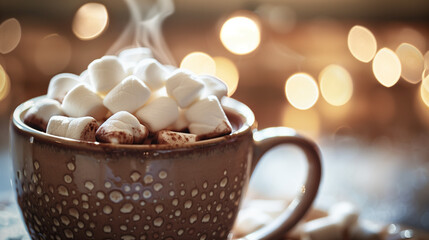 cup of hot chocolate with marshmallows and bokeh background