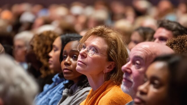 Group of people sitting in a large auditorium, attentively listening to a speaker. the focus of the image is on a woman in the center, who is wearing glasses and an orange top. - Powered by Adobe