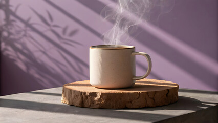 Steaming ceramic mug on wood slice against purple wall