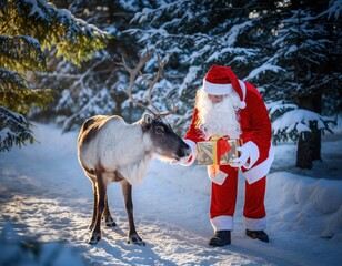 Santa Claus Giving Present to Shy Reindeer in Winter Wonderland Scene