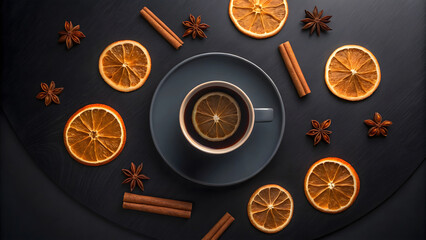 Still life with cup of tea dried orange slices cinnamon sticks star anise