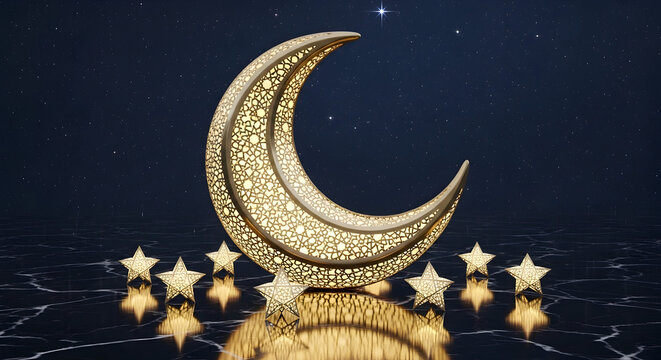 A large, ornate golden crescent moon with intricate patterns sits on a reflective surface surrounded by small golden stars against a dark starry night sky.