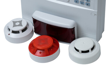Fire safety equipment collection with alarms and detectors on a transparent background