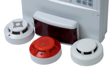 Fire safety equipment collection with alarms and detectors on a transparent background