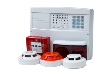 Fire safety equipment featuring alarms, detectors, and control panel on transparent background