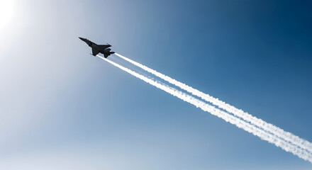A white steam trail trails behind a high-flying plane flying across the vast blue sky.