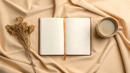 Top view of open journal dried flowers and coffee cup on silk