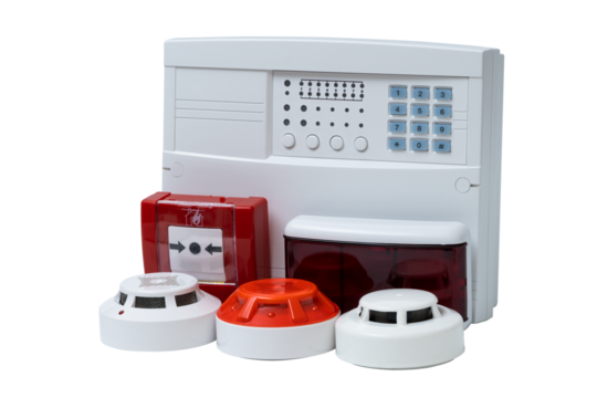 Fire safety equipment featuring alarms, detectors, and control panel on transparent background