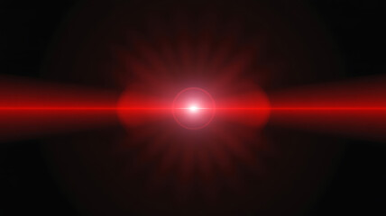 Bright red laser beam shining through darkness creating a lens flare effect