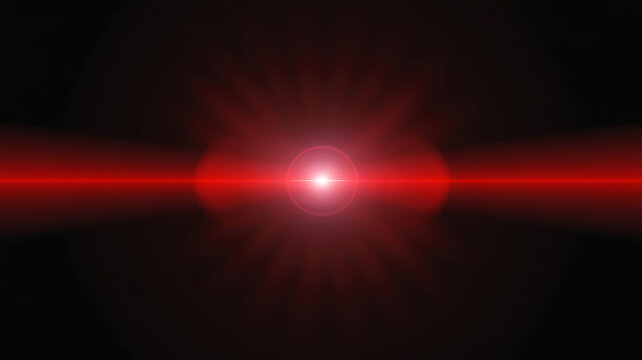 Bright red laser beam shining through darkness creating a lens flare effect