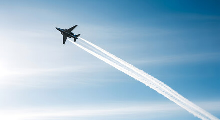 High altitude aircraft flying across vast blue sky with contrails of white vapor trail behind it.
