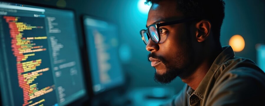 Man with glasses focuses intently on computer screen with code. Work involves programming, software development in dark room illuminated by screen glow. May contributing to open source projects.