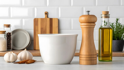 White ceramic bowl wooden pepper mill olive oil bottle and garlic