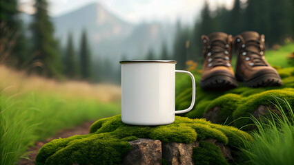 White camping mug on mossy rocks with hiking boots