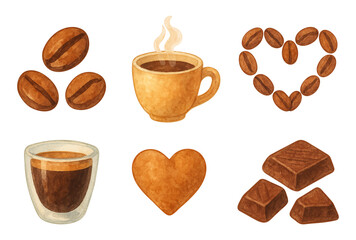 Watercolor coffee and cocoa vector set. Beans, hearts, chocolate pieces, cups with drinks. Color clipart beverage and dessert collection, traced vector