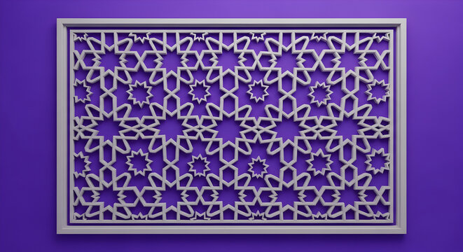 Intricate geometric pattern design, featuring a repeating star-like motif, set against a vibrant purple background.