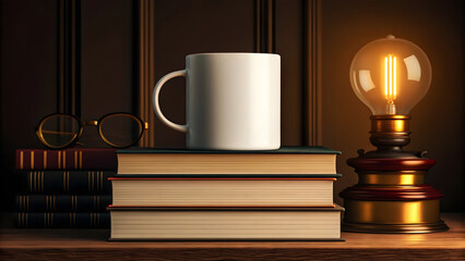 White ceramic mug on stack of books with vintage lamp