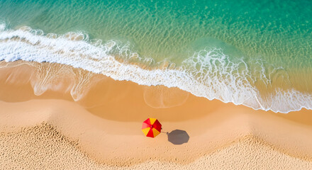 Aerial beach view, Sunny sand water waves red yellow umbrellas bright coastline tropical paradise beach
