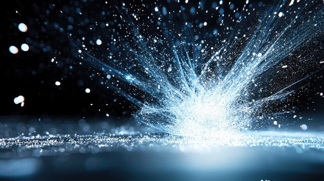 A bright, energetic burst of luminous blue particles explodes outwards from a central point on a dark, reflective surface.