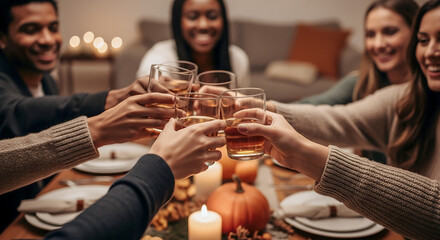 An intimate and festive close-up shot of diverse hands raising glasses for a toast over a beautifully set dinner table.