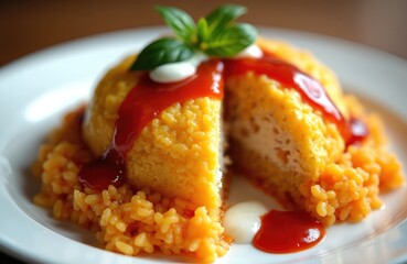 Savory omelette rice with ketchup drizzle served on white plate. A tasty Japanese comfort food dish featuring fluffy egg and seasoned rice. Garnished with fresh basil leaf for added appeal.